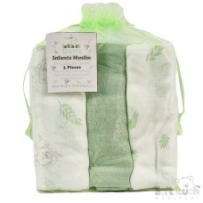 MS15-SG: Sage Green 3 Pack Muslin Squares in Gift Bag
